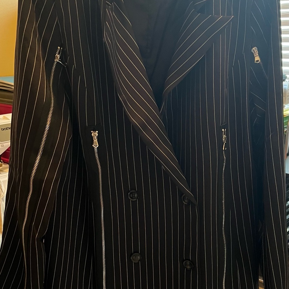 Black Pinstripe Double-Breasted Long Blazer Dress